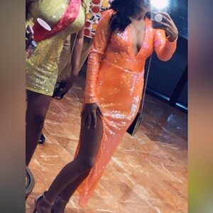 Fashion Nova Shimmering Orange Long Sleeve Dress